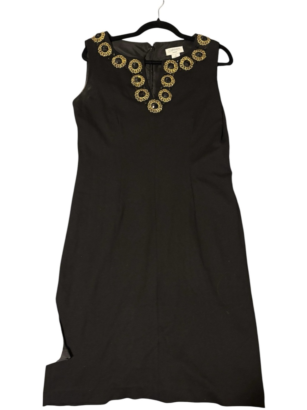 Carmen Marc Valvo Black Dress with Gold Floral Neck Embellishment